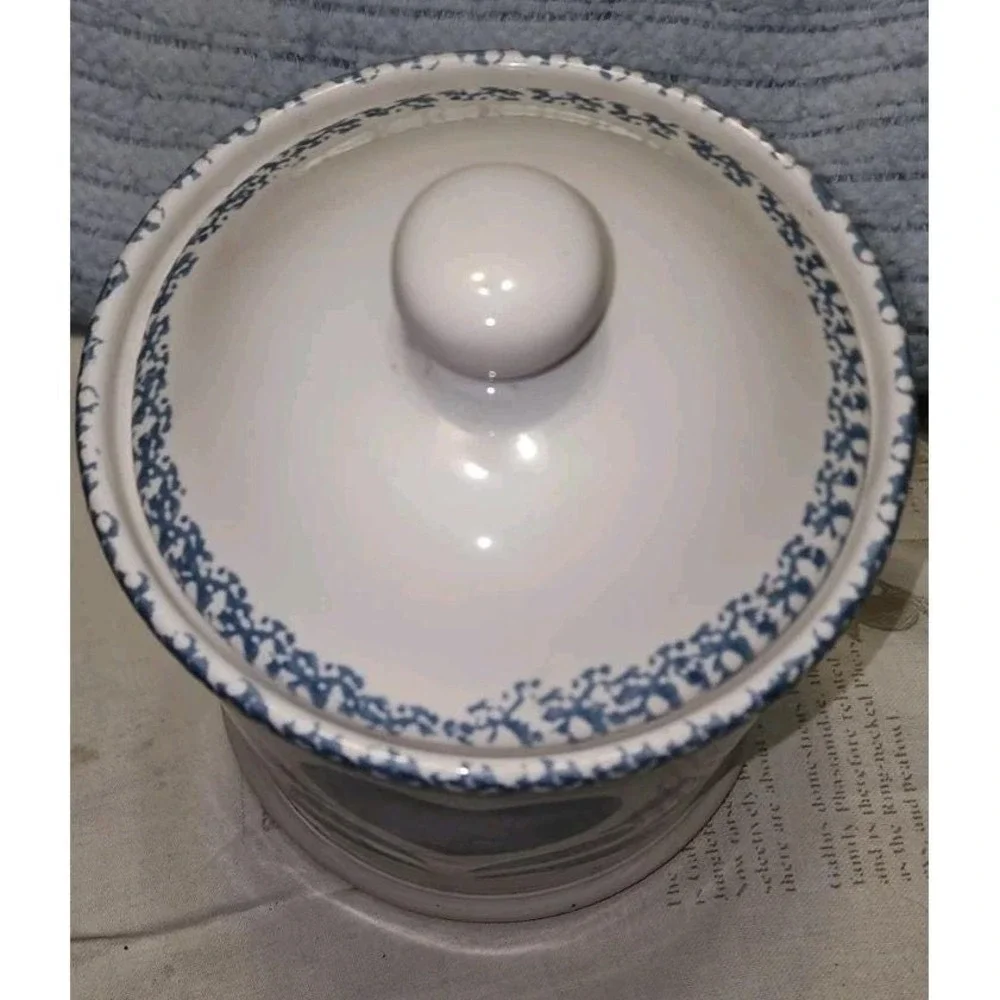 Vintage Blue Heart Spongeware 9 inch Canister Farmhouse House Lloyd Cottagecore